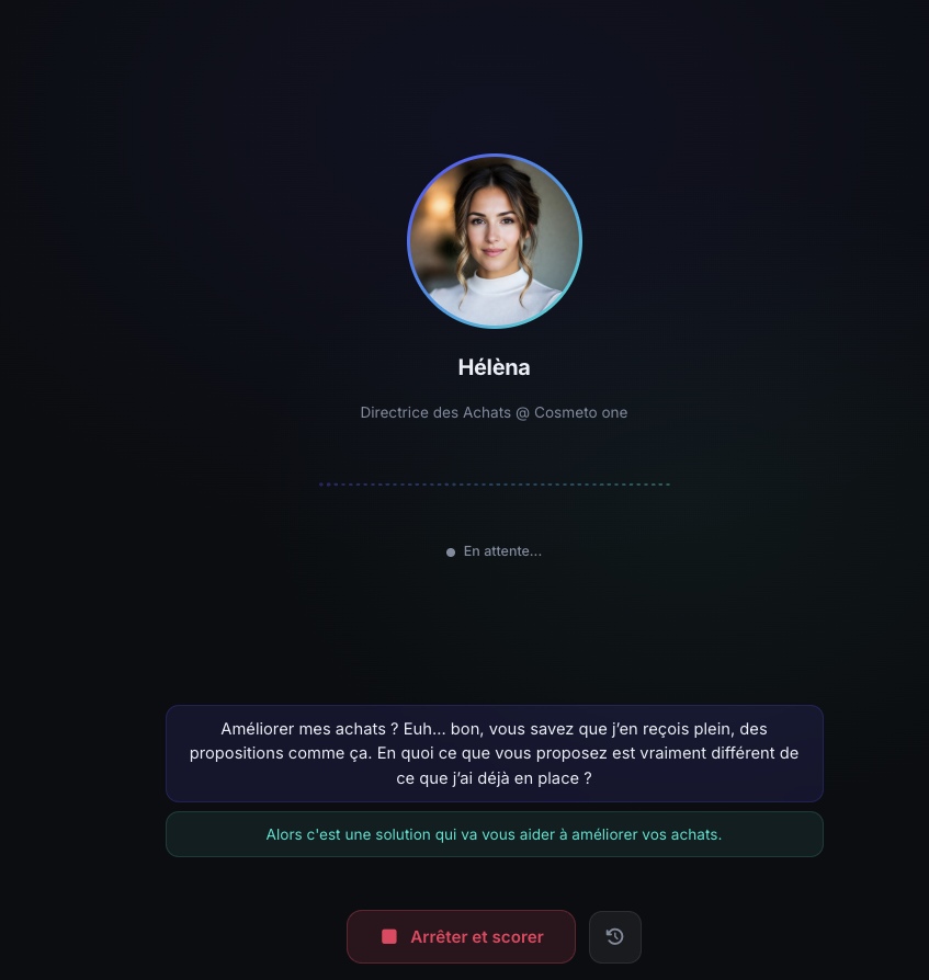 Simulation de vente vocale en cours sur Super Sales — conversation en temps réel avec un avatar IA